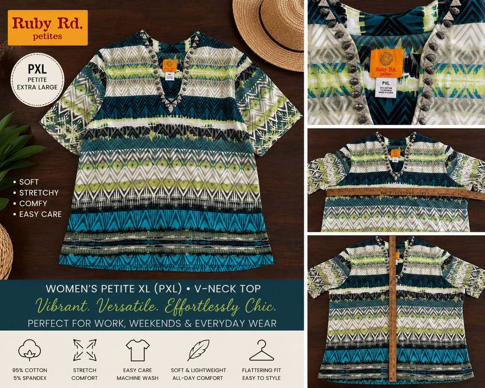 Ruby Rd. Petite Geometric Print Embellished V-Neck Knit Top Size PXL